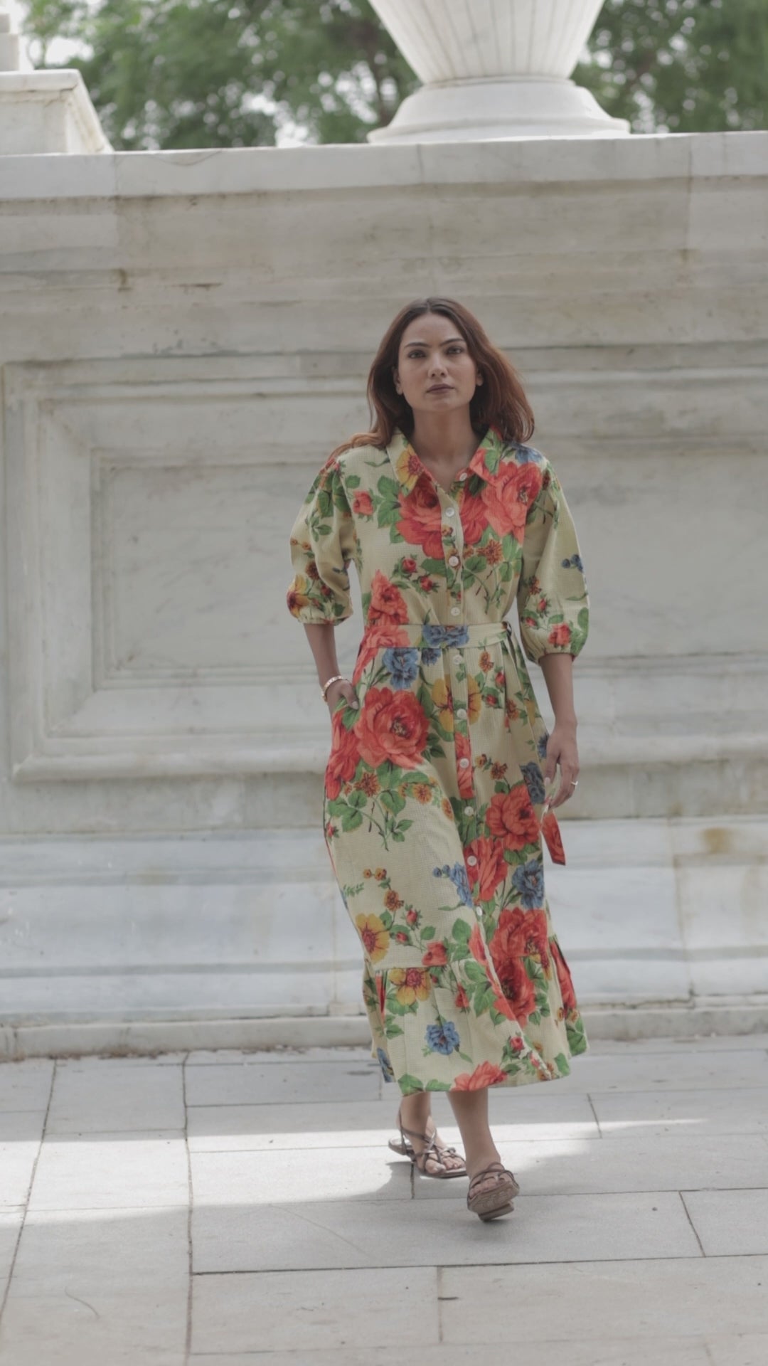 Handblock Printed Cotton Waffle Dress for Women, Floral Boho Midi Long Summer Tunic | Soft Color, Button Closure | Ethical Gift for Her Mom