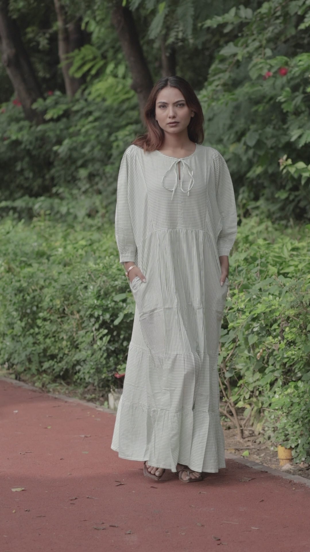 Cotton Midi Dress Stripe Hand Block Print | Boho Oversized Long Sleeves Loose Fit Dress with Pockets, Artisan Style Bridesmaid Gift for Her