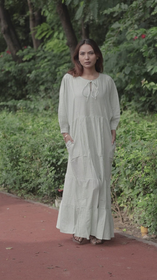 Cotton Midi Dress Stripe Hand Block Print | Boho Oversized Long Sleeves Loose Fit Dress with Pockets, Artisan Style Bridesmaid Gift for Her