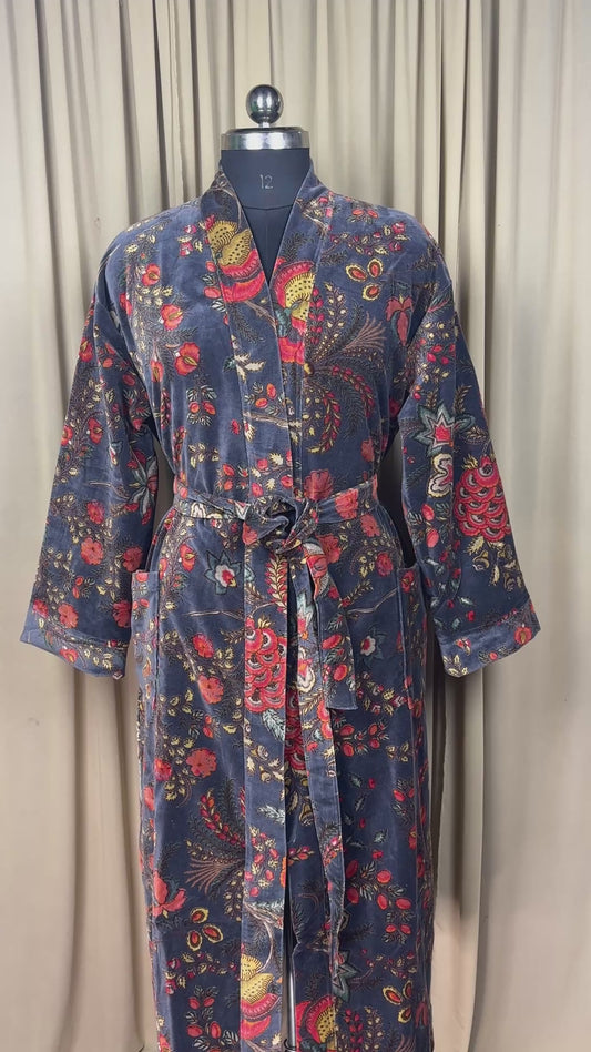 Luxury Velvet Kimono Unisex House Robe | Boho Jacket Autumn Winter Christmas Gift Elegant Reversible Silk Lined | Quirky Gown Gray Floral
