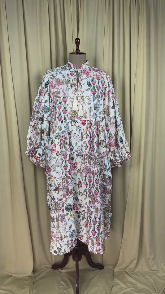 White Cotton Dress: Hand-Stitched Block Print, Fits XXL