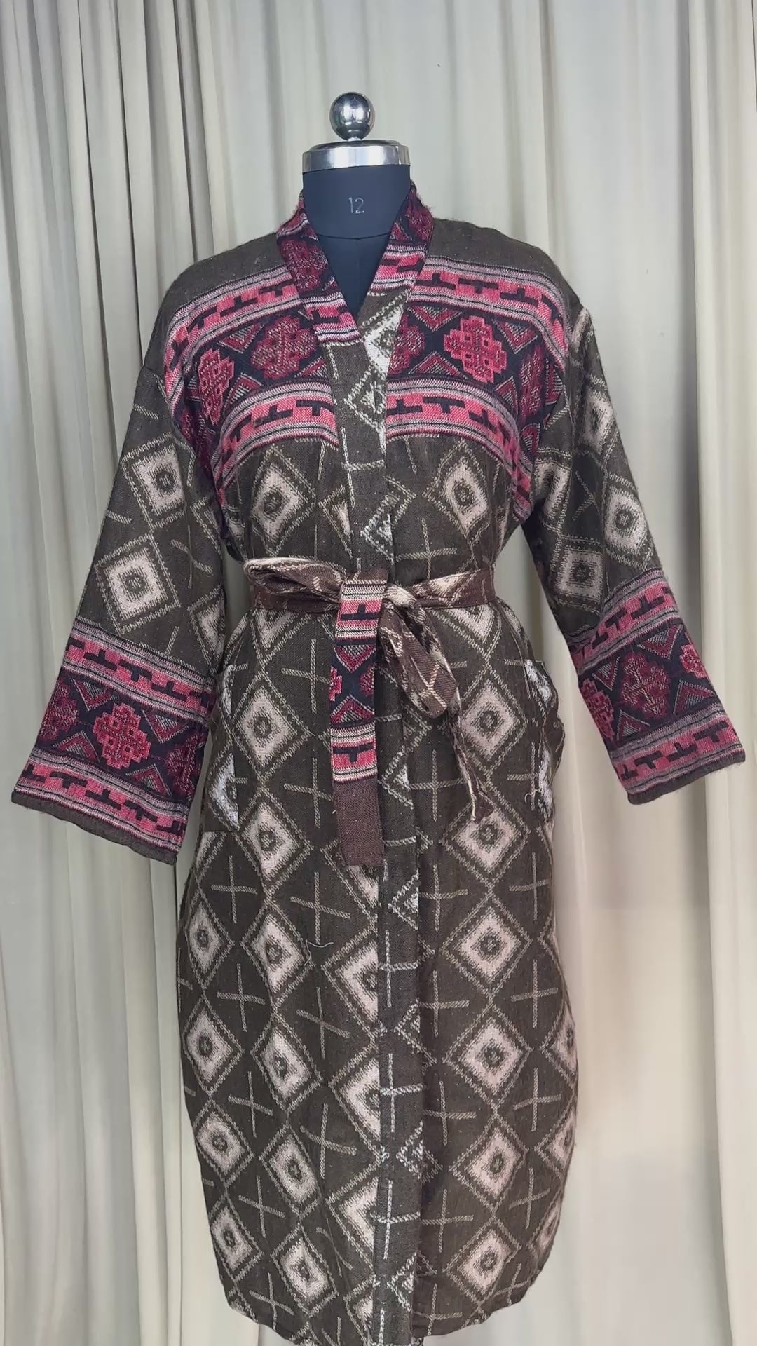 Yak Wool Blend Kimono Robe: Maroon Geometric Print, Warm Winter Wear