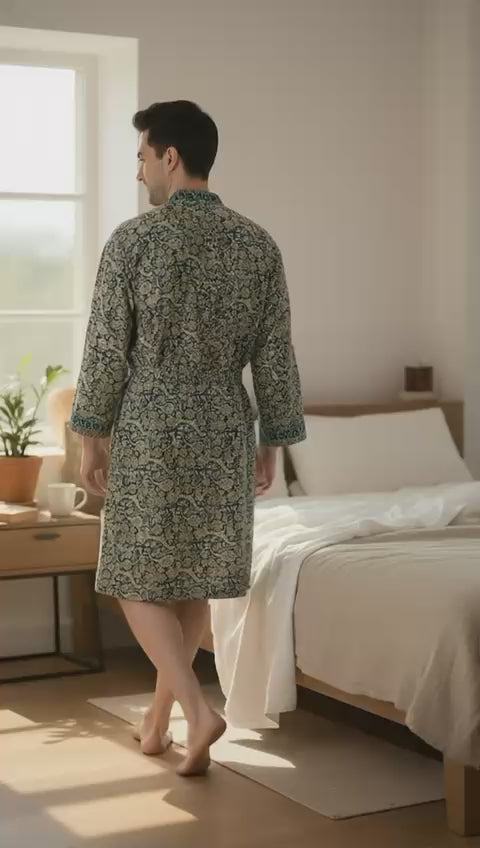 Boho Men's Soft Silk Kimono, Man Regal House Beach Robe, Floral Persian King Elegant Blue Beige Hues Beach Cover Up, Perfect Gift for Dad