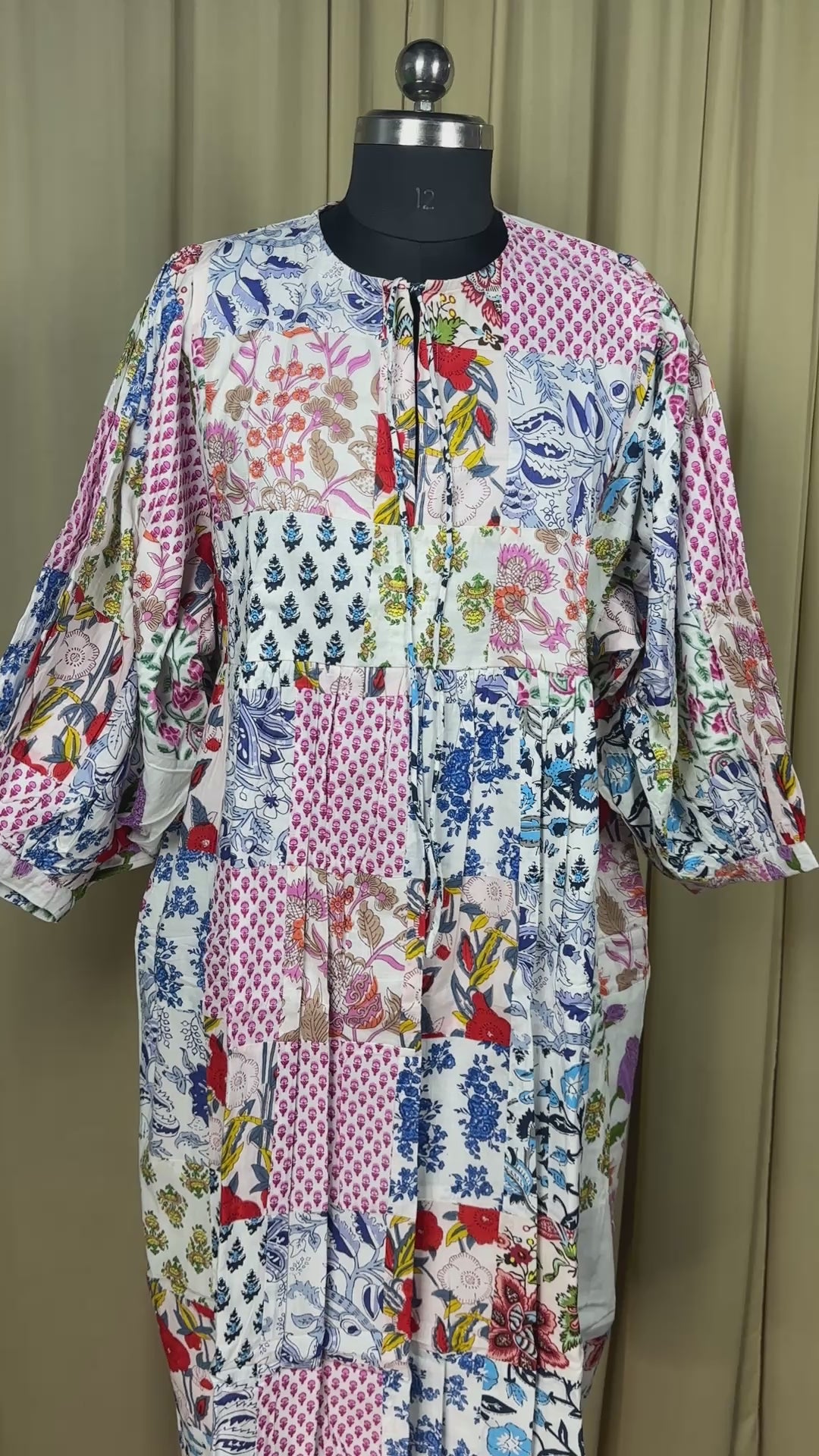 White Patchwork Cotton Dress: Hand-Stitched Block Print, Fits XXL