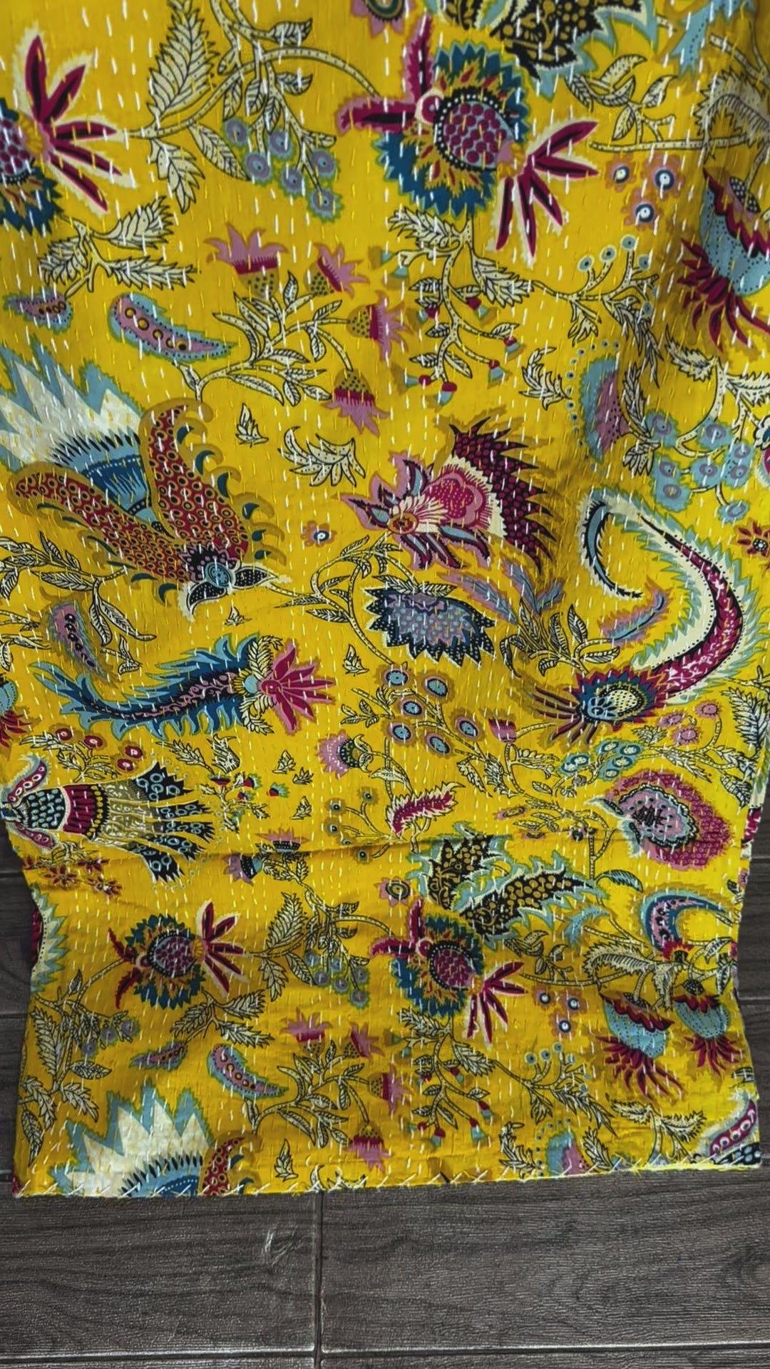 Pure Cotton Kantha Stitch Throw | Indian Hand Block Quilted King Size Bedspread/Sofa Cover Home Decor | King Reversible Print Yellow