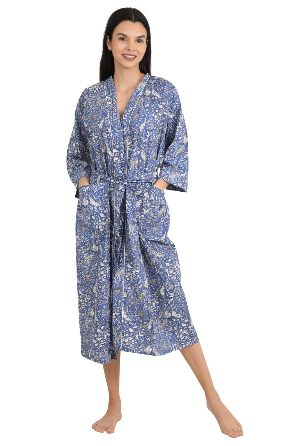 block-printed Cotton Kimono Robe in butterfly