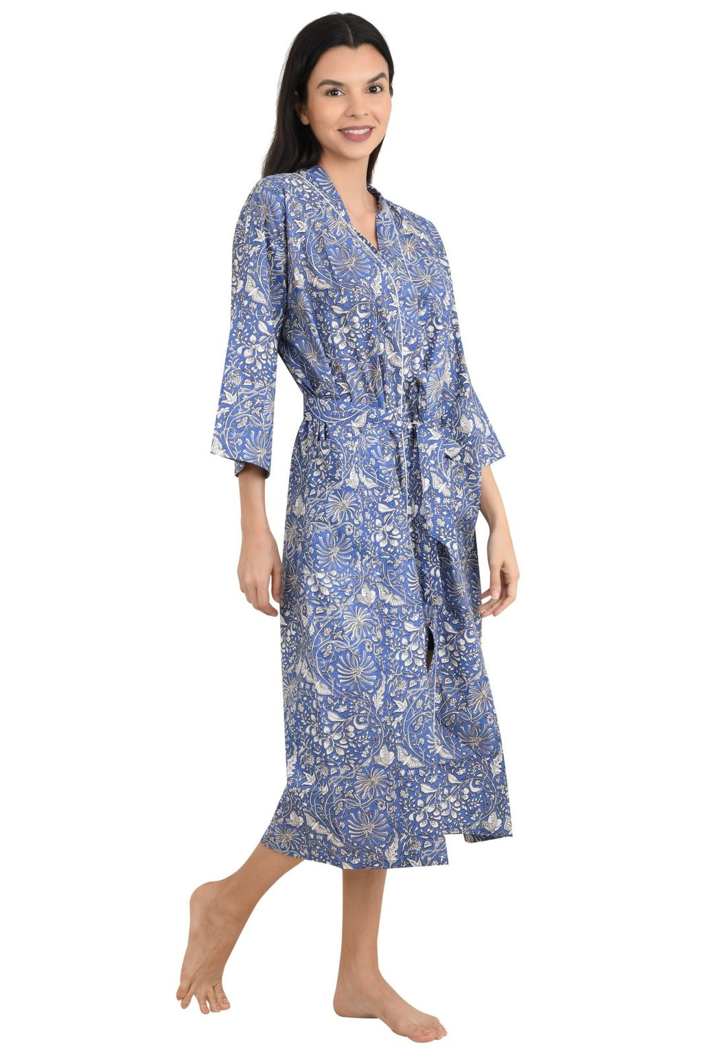 block-printed Cotton Kimono Robe in butterfly