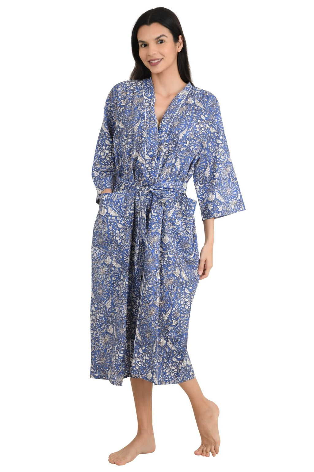 block-printed Cotton Kimono Robe in butterfly