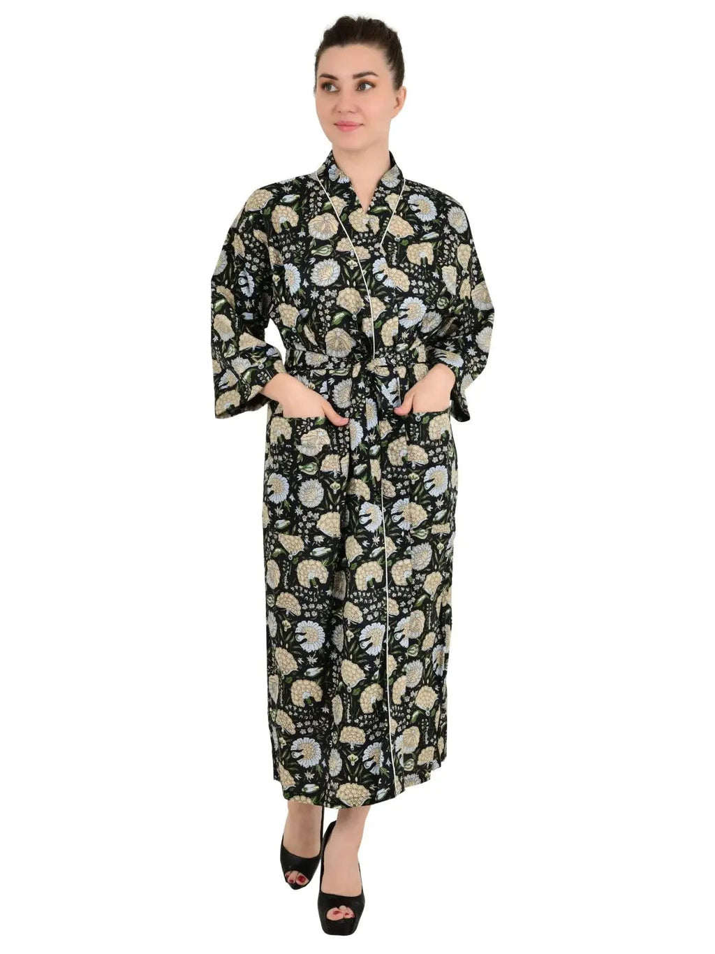 block-printed Cotton Kimono Robe in botanical