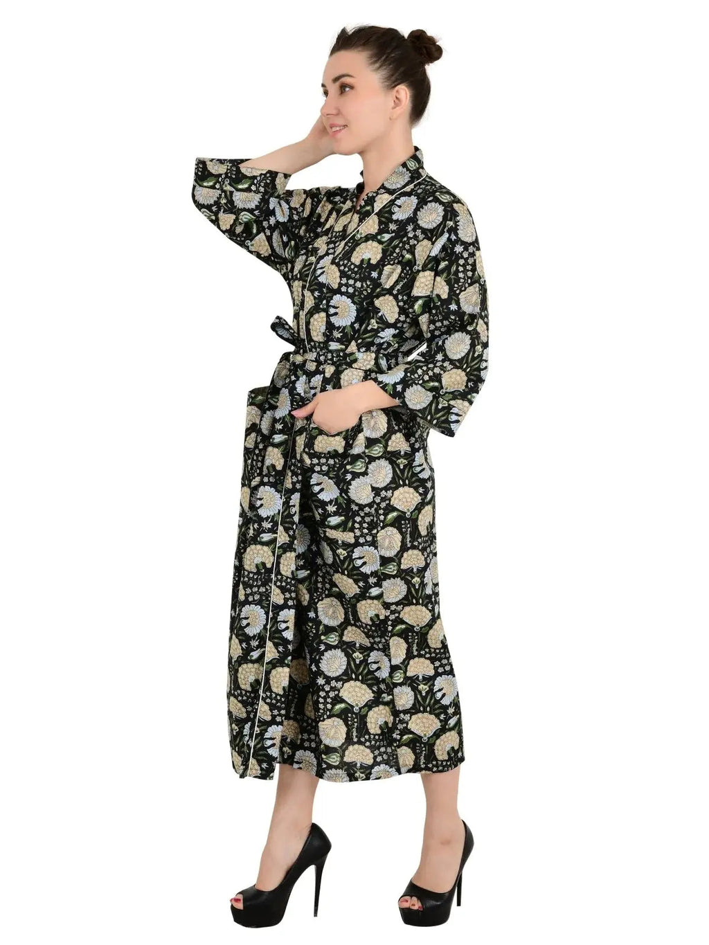 block-printed Cotton Kimono Robe in botanical