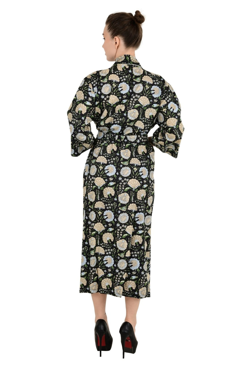 block-printed Cotton Kimono Robe in botanical
