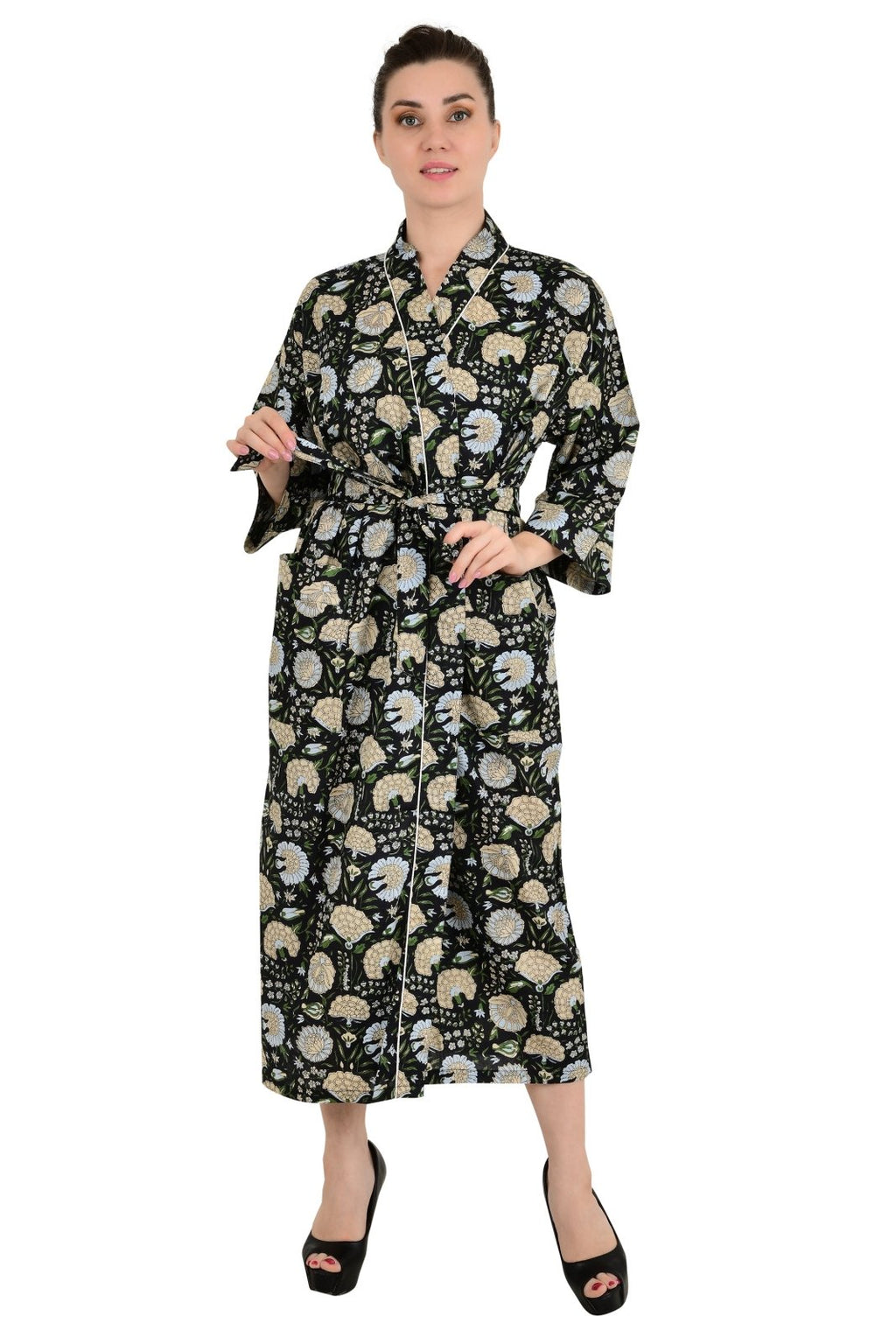 block-printed Cotton Kimono Robe in botanical