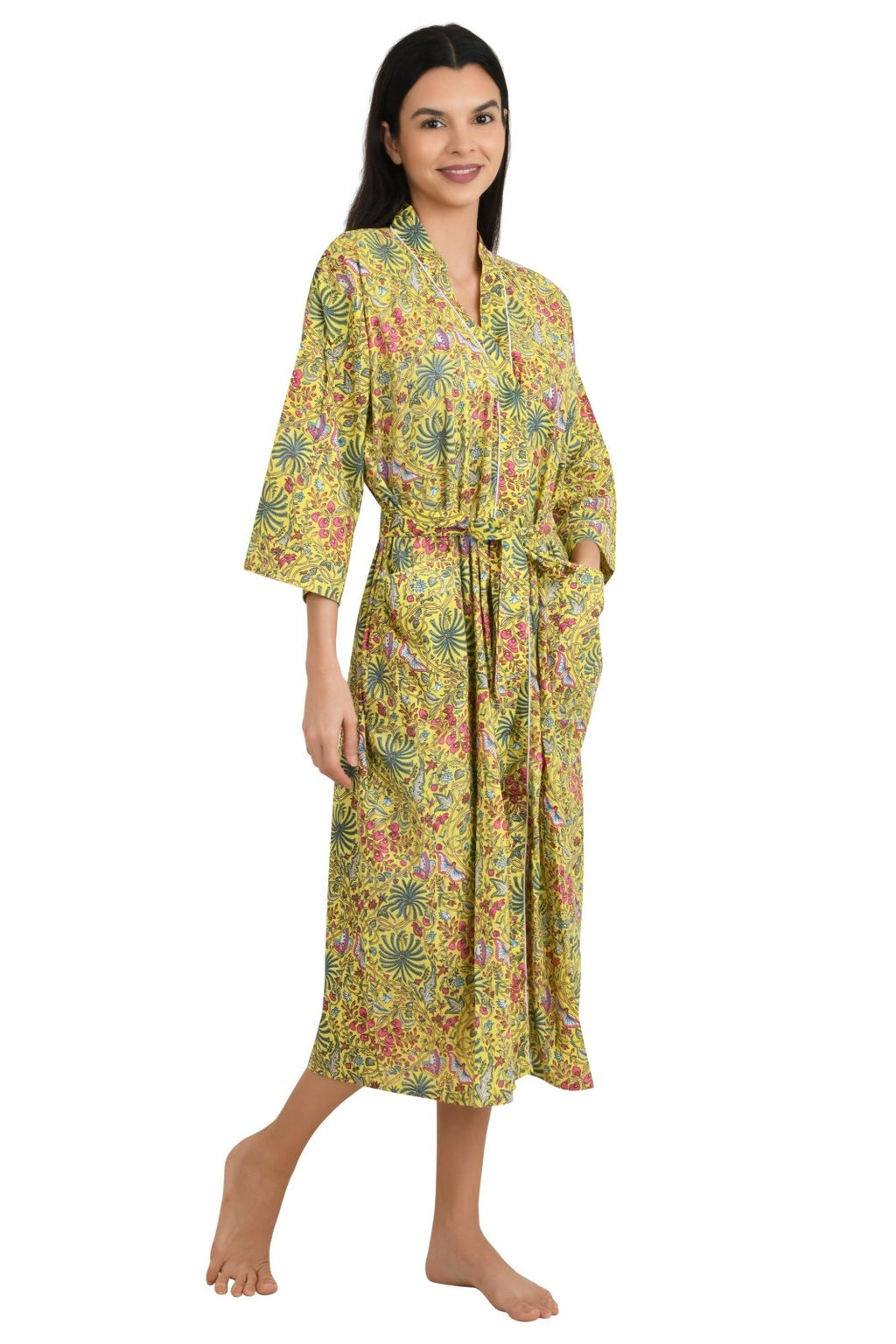 block-printed Cotton Kimono Robe in butterfly