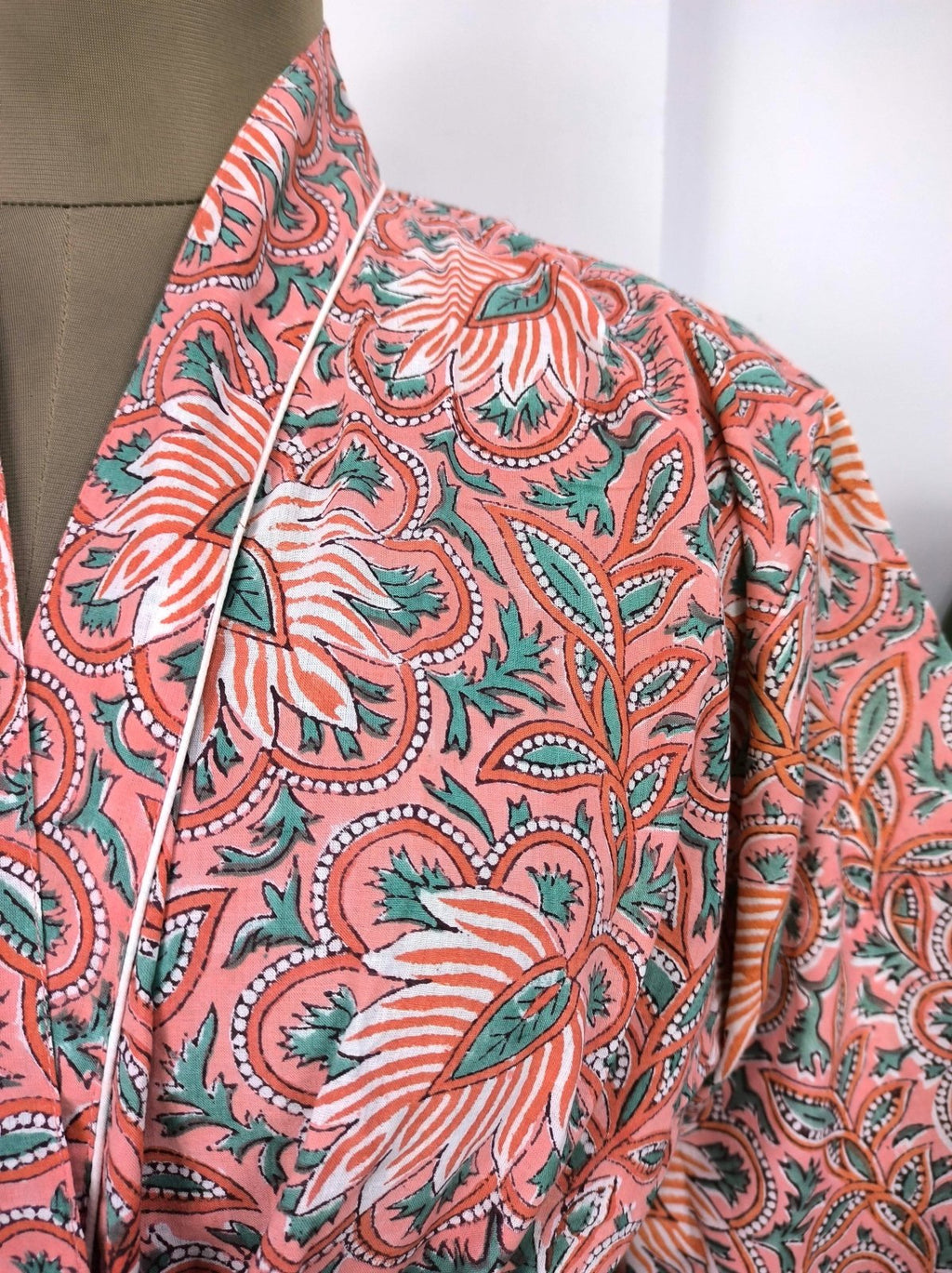 block-printed Cotton Kimono Robe in botanical