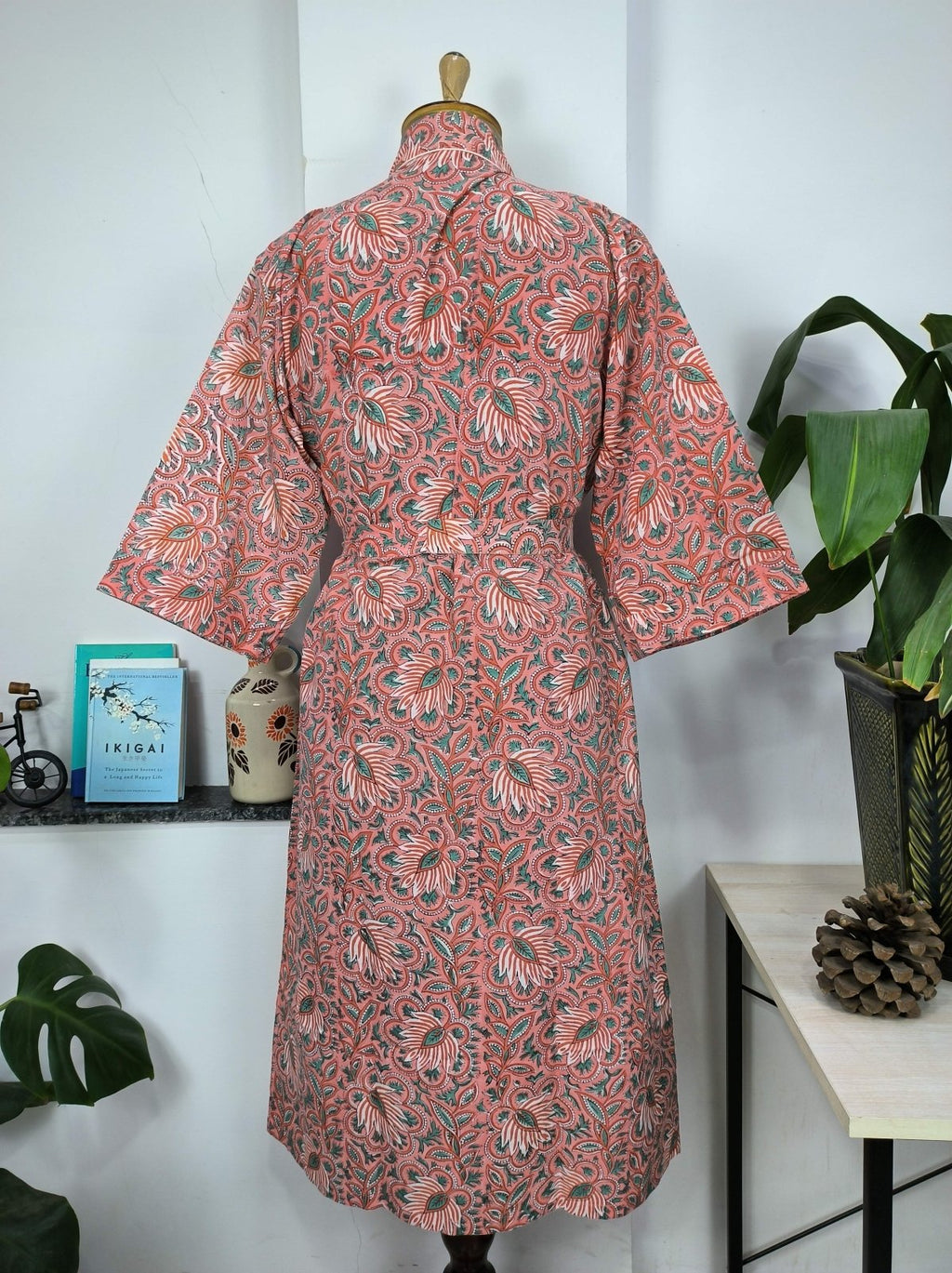 block-printed Cotton Kimono Robe in botanical