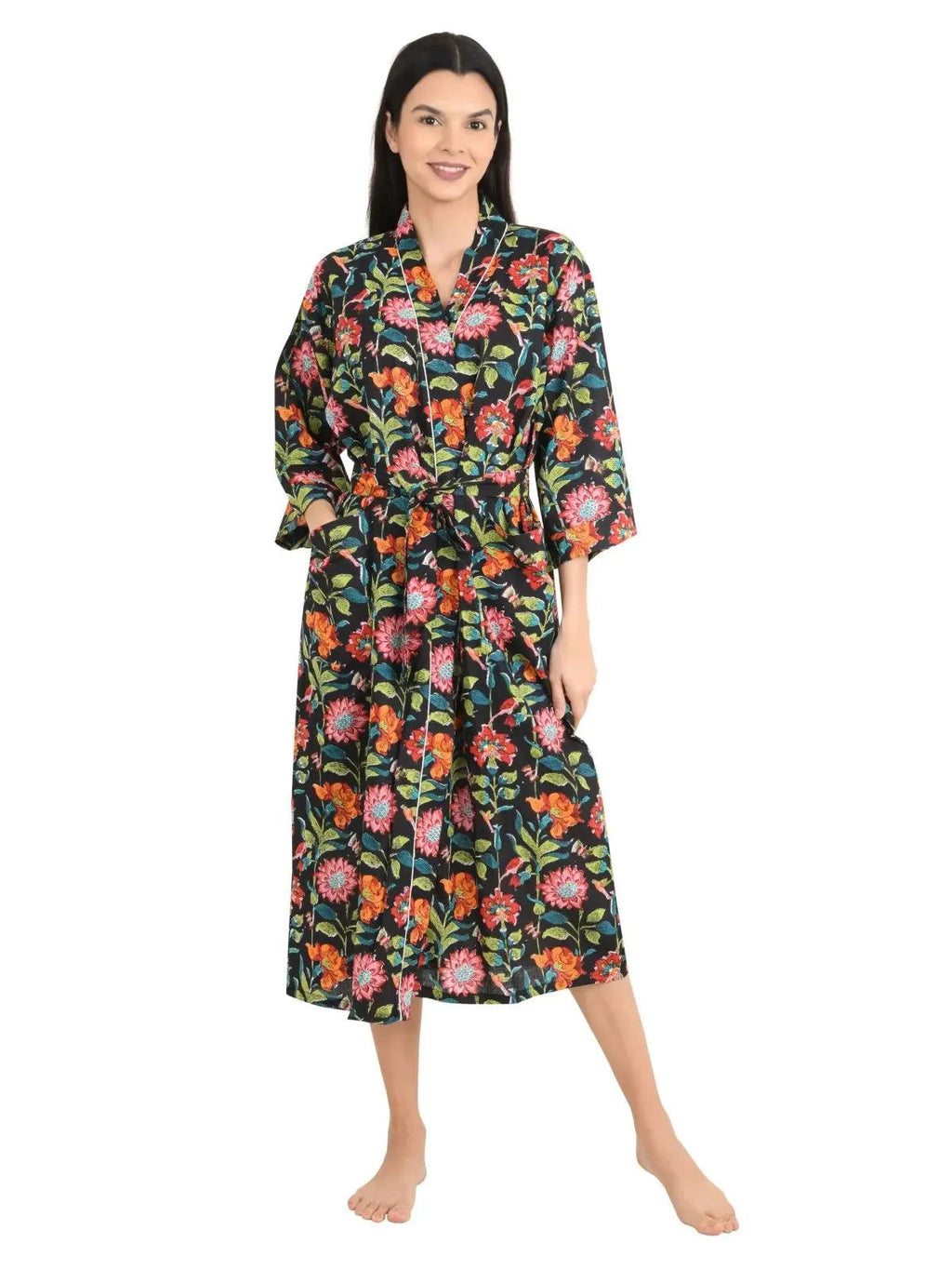 block-printed Cotton Kimono Robe in floral