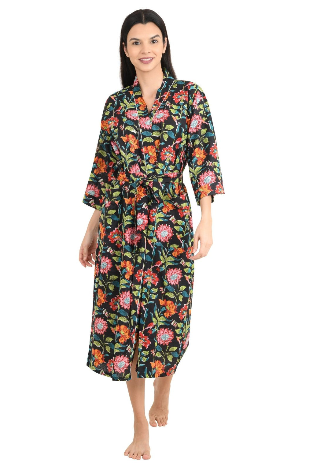 block-printed Cotton Kimono Robe in floral