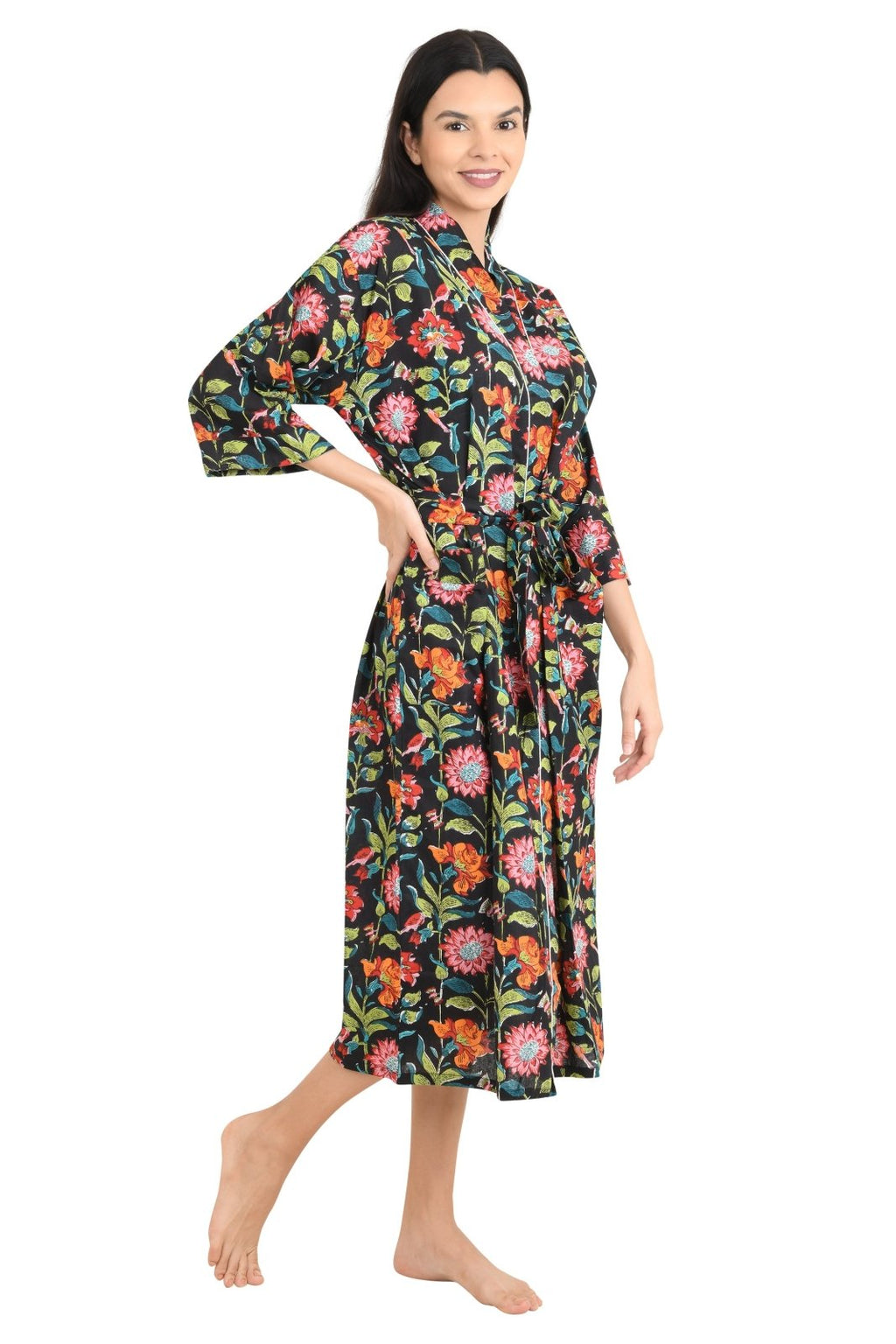 block-printed Cotton Kimono Robe in floral