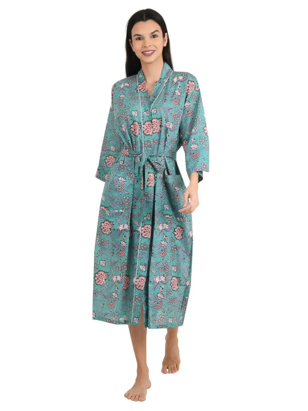 block-printed Cotton Kimono Robe in floral