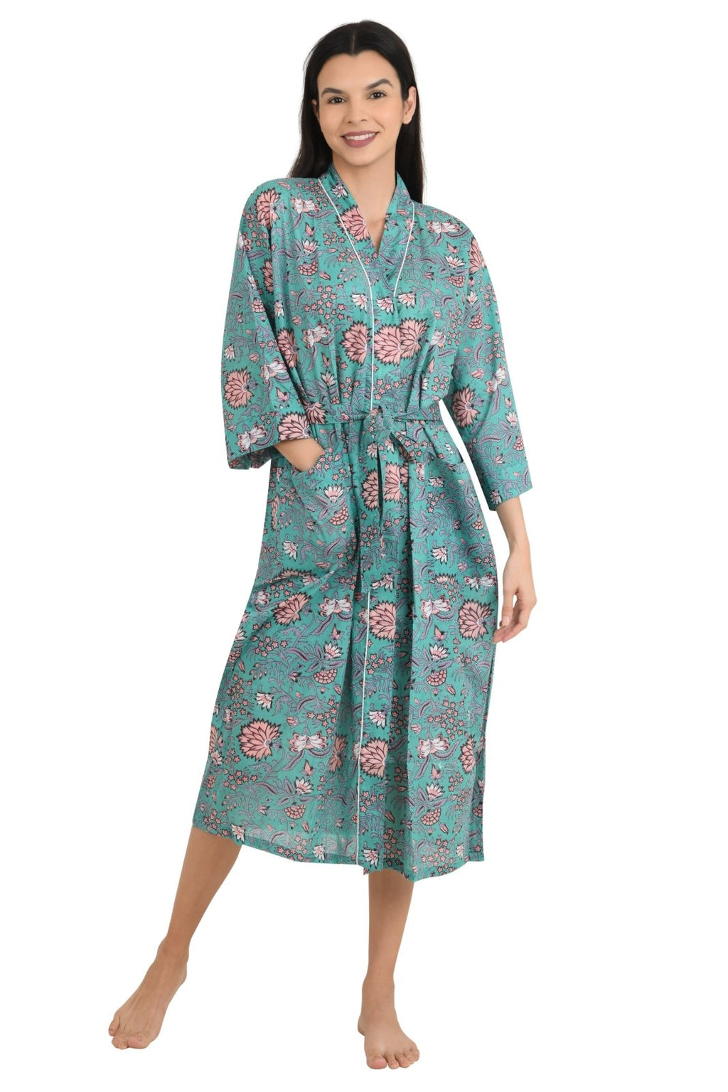 block-printed Cotton Kimono Robe in floral
