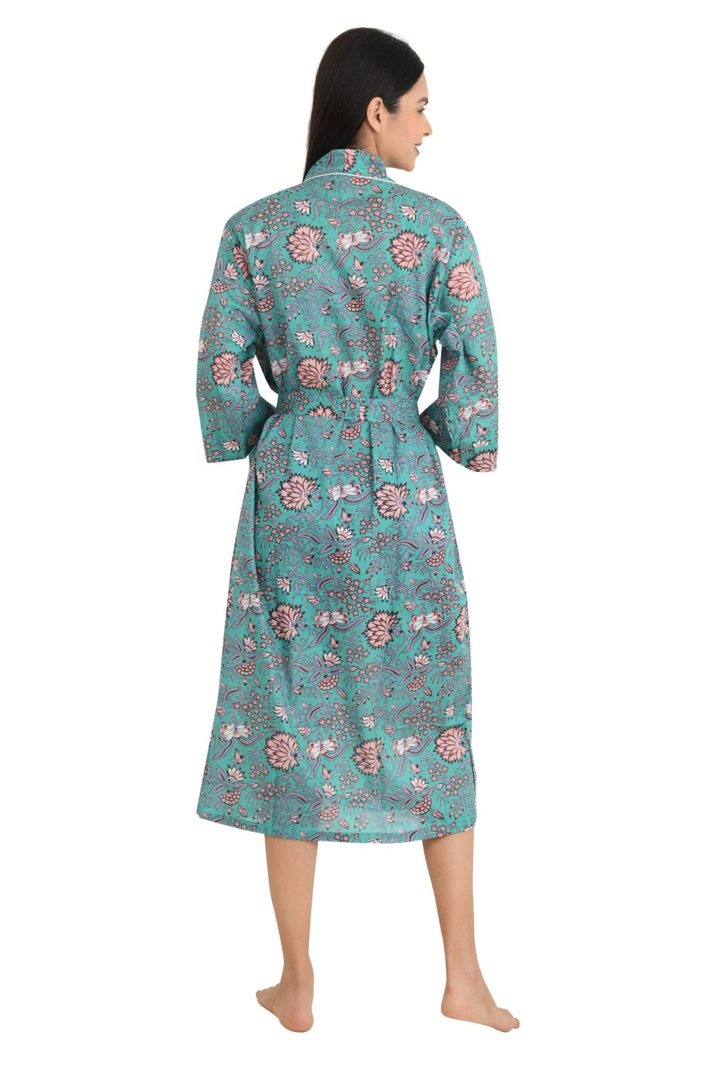 block-printed Cotton Kimono Robe in floral