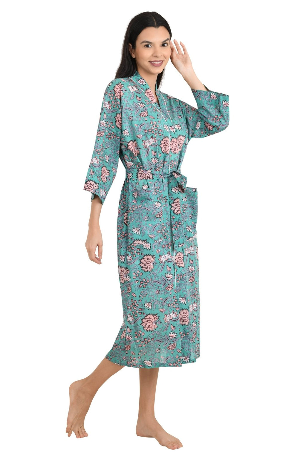 block-printed Cotton Kimono Robe in floral