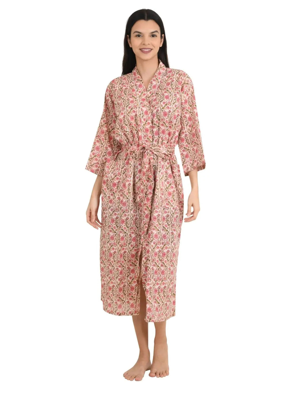 block-printed Cotton Kimono Robe in floral