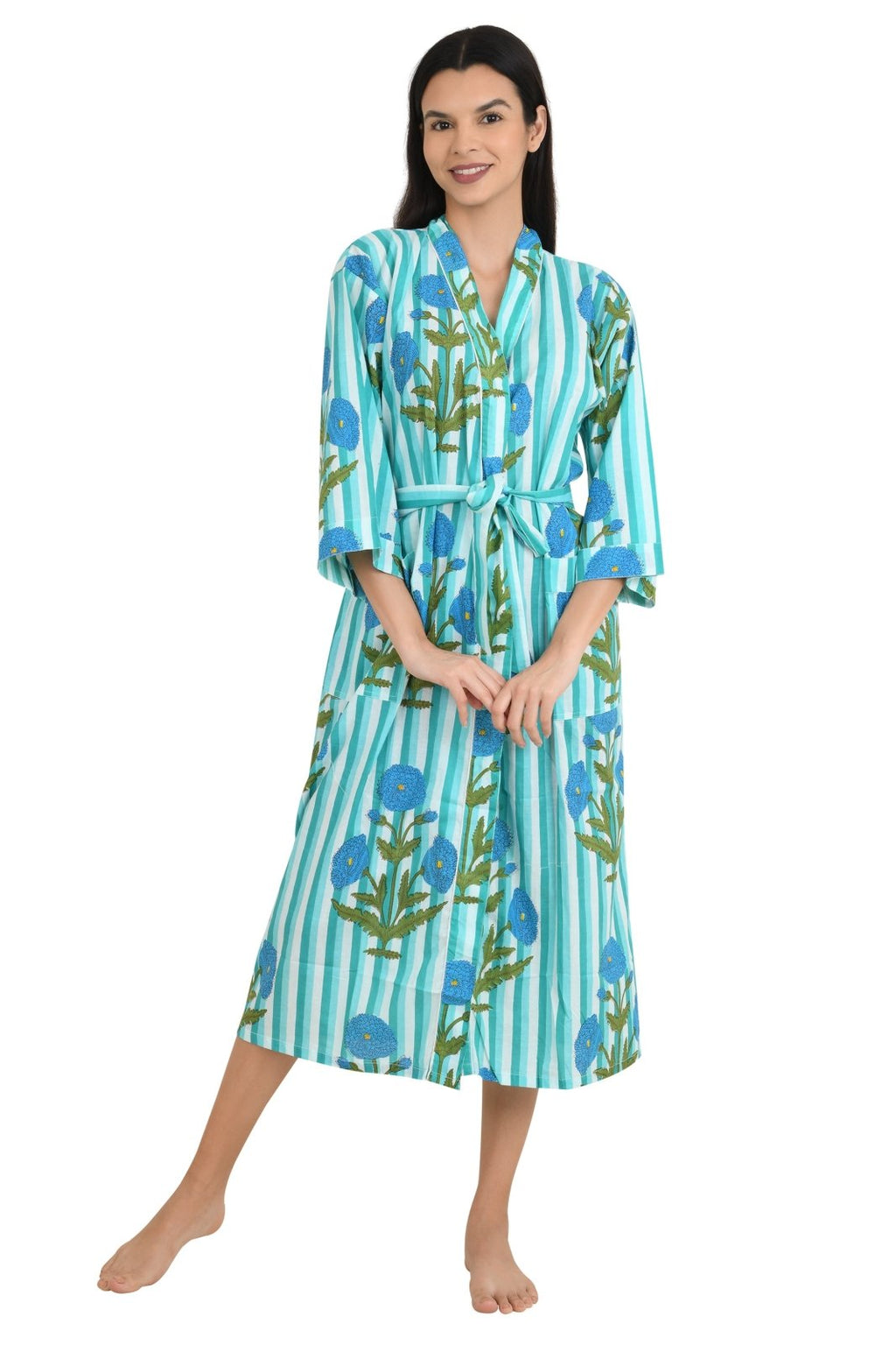 block-printed Cotton Kimono Robe in floral