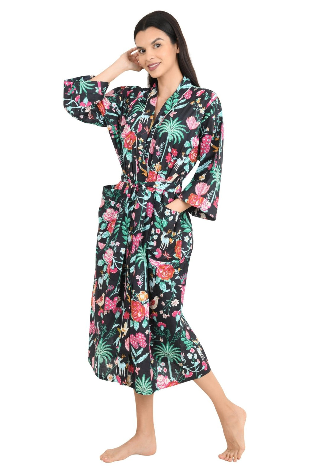 block-printed Cotton Kimono Robe in floral