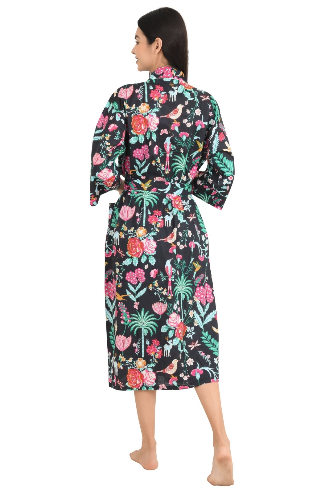 block-printed Cotton Kimono Robe in floral