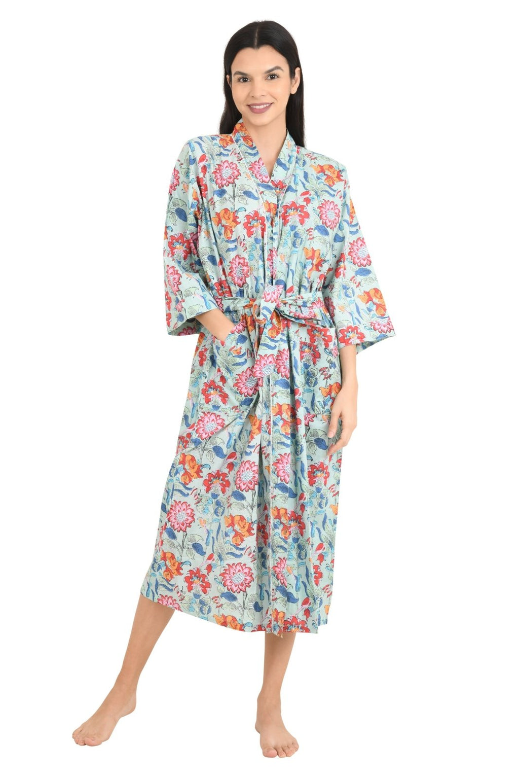 block-printed Cotton Kimono Robe in floral