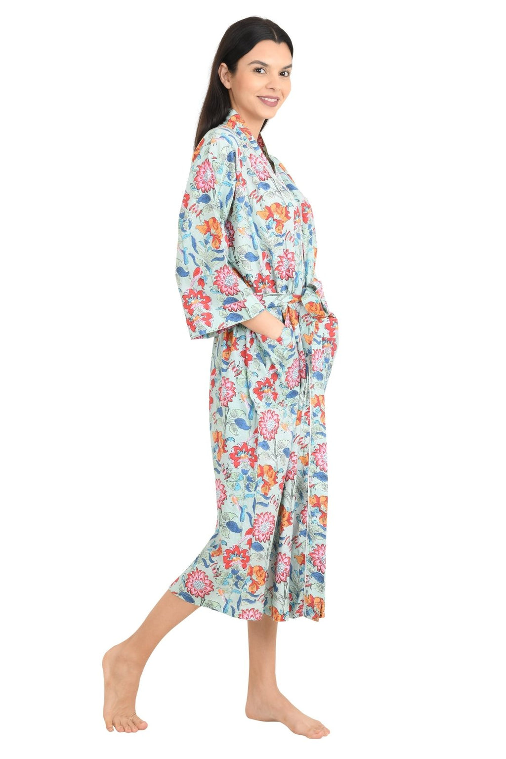 block-printed Cotton Kimono Robe in floral
