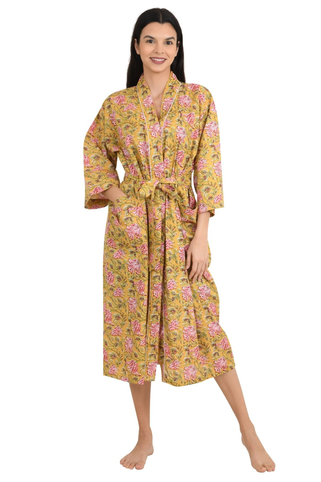 block-printed Cotton Kimono Robe in floral