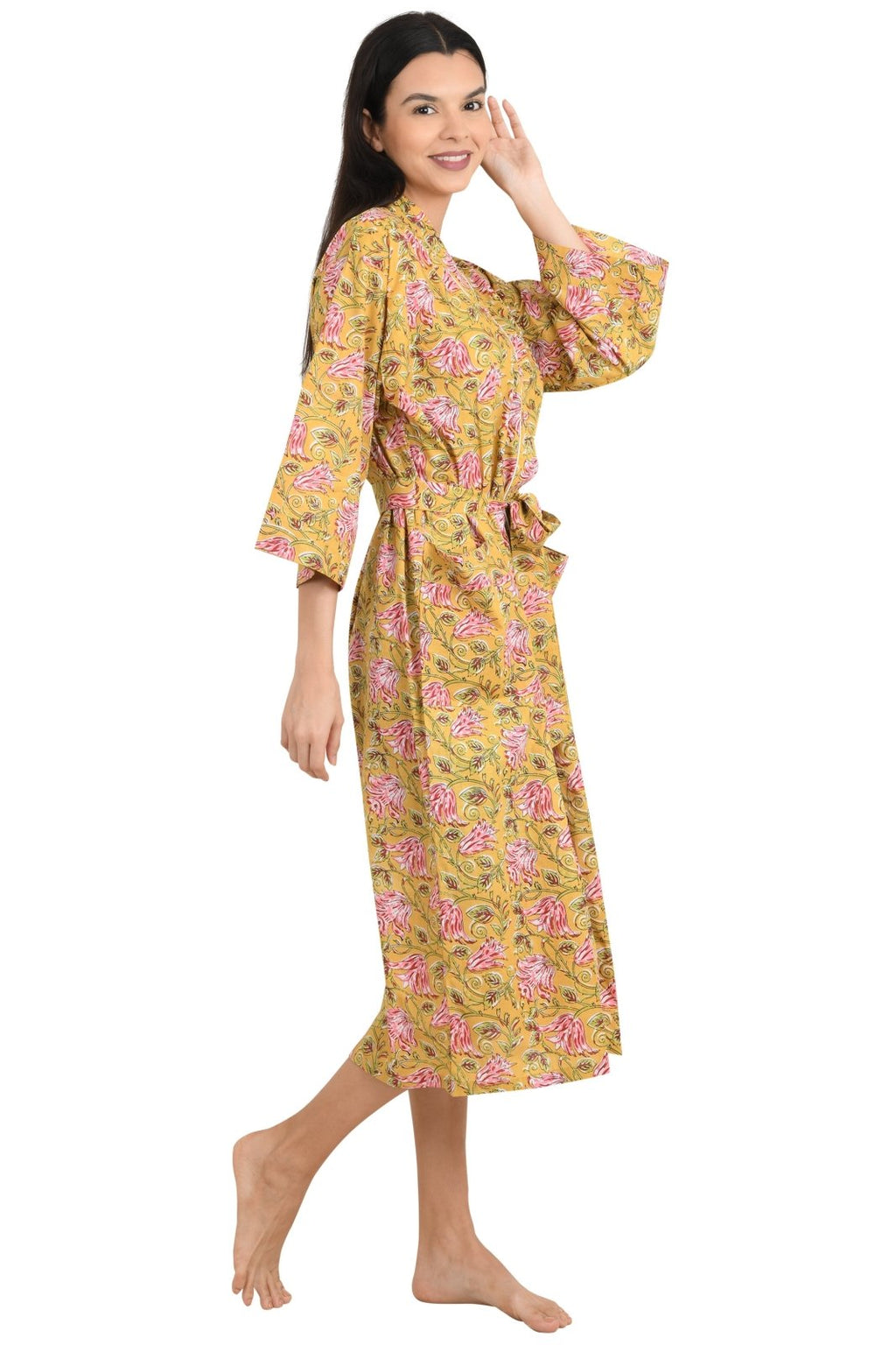 block-printed Cotton Kimono Robe in floral