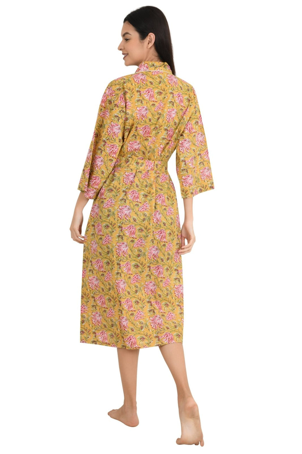block-printed Cotton Kimono Robe in floral