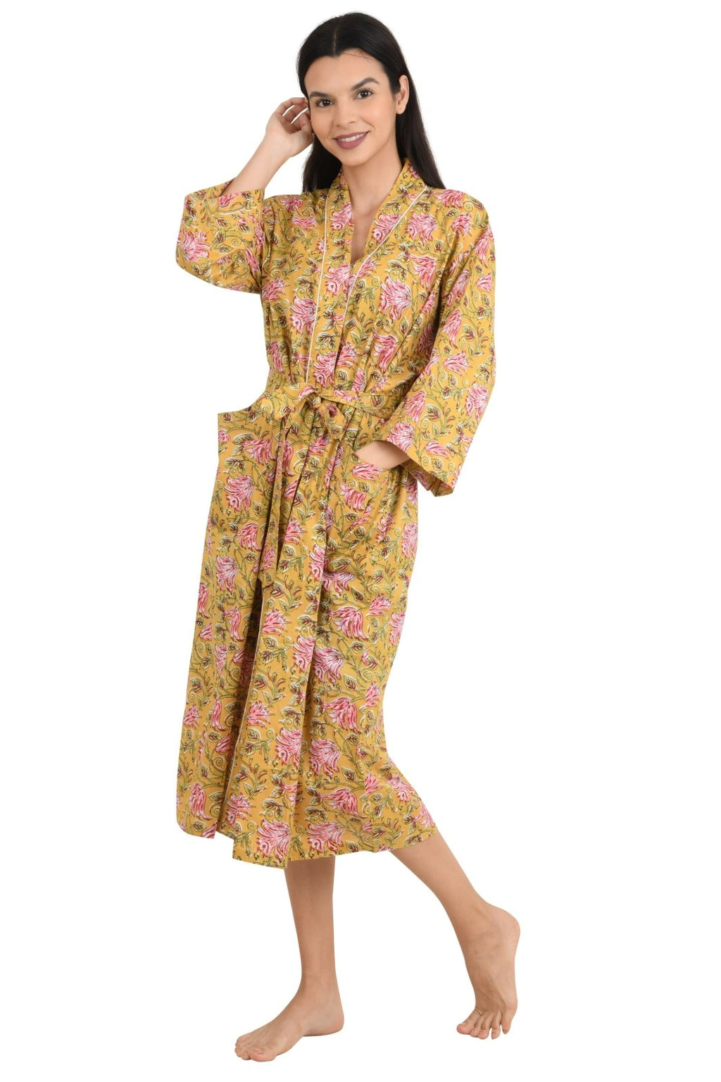 block-printed Cotton Kimono Robe in floral