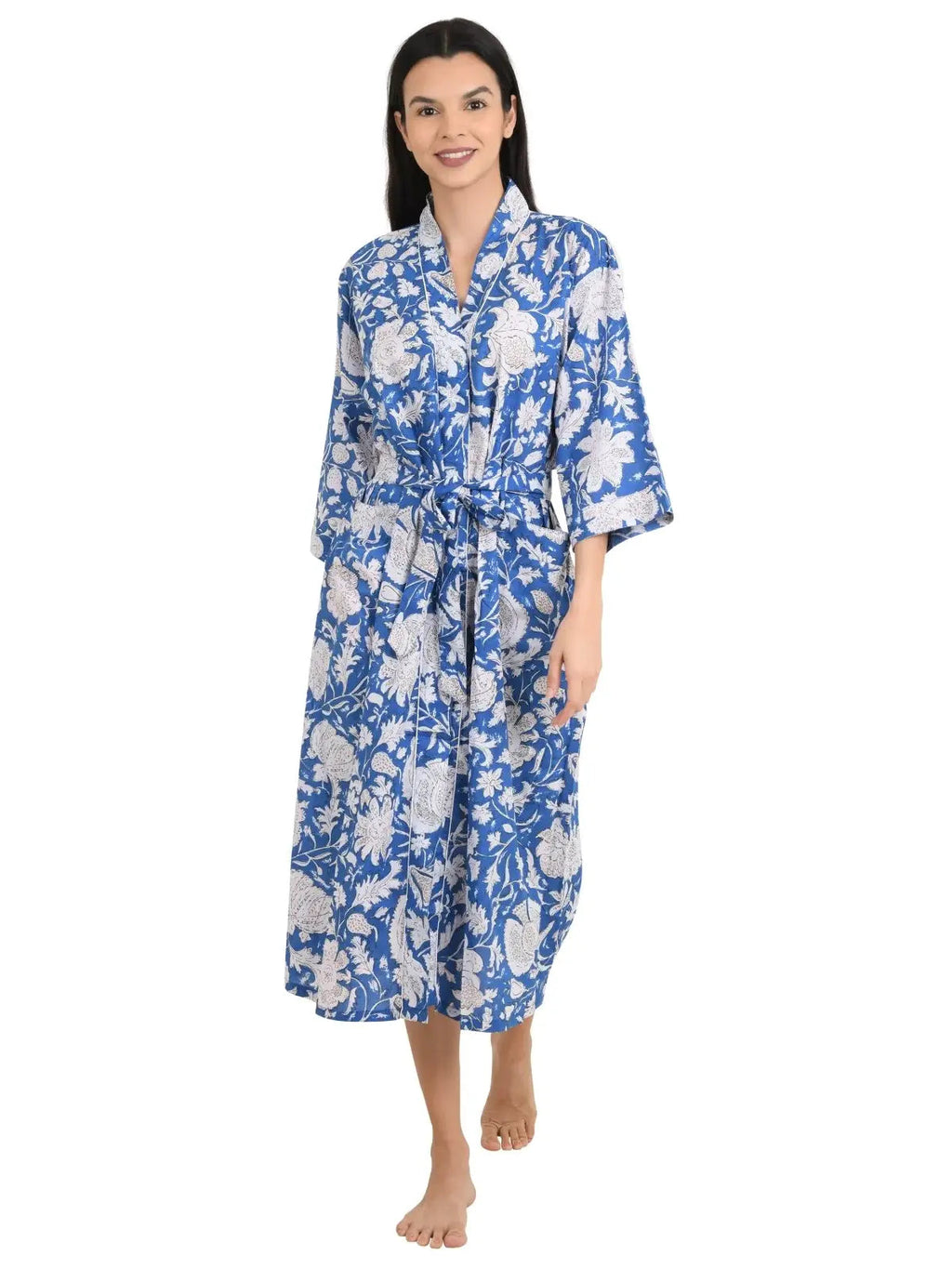 block-printed Cotton Kimono Robe in floral