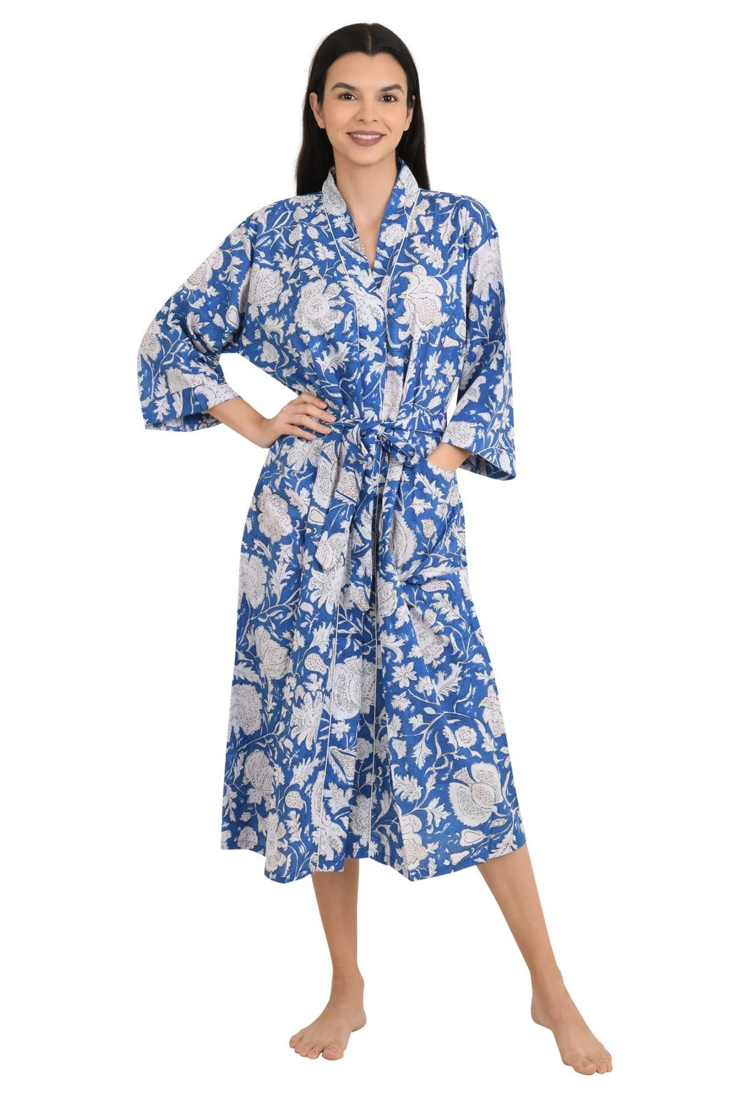 block-printed Cotton Kimono Robe in floral