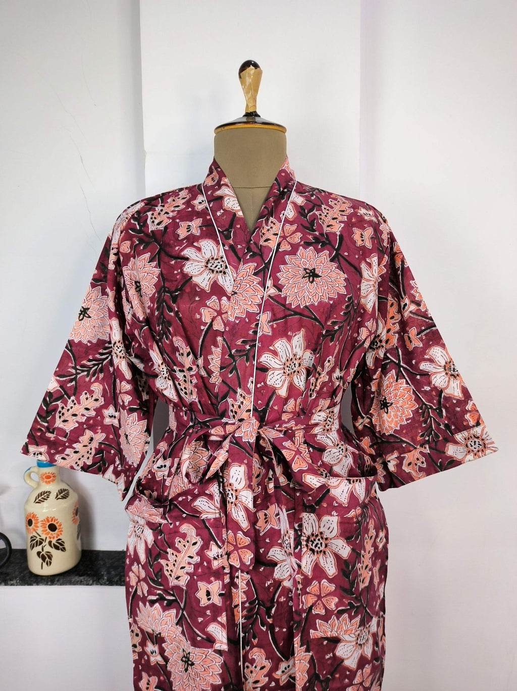 block-printed Cotton Kimono Robe in floral