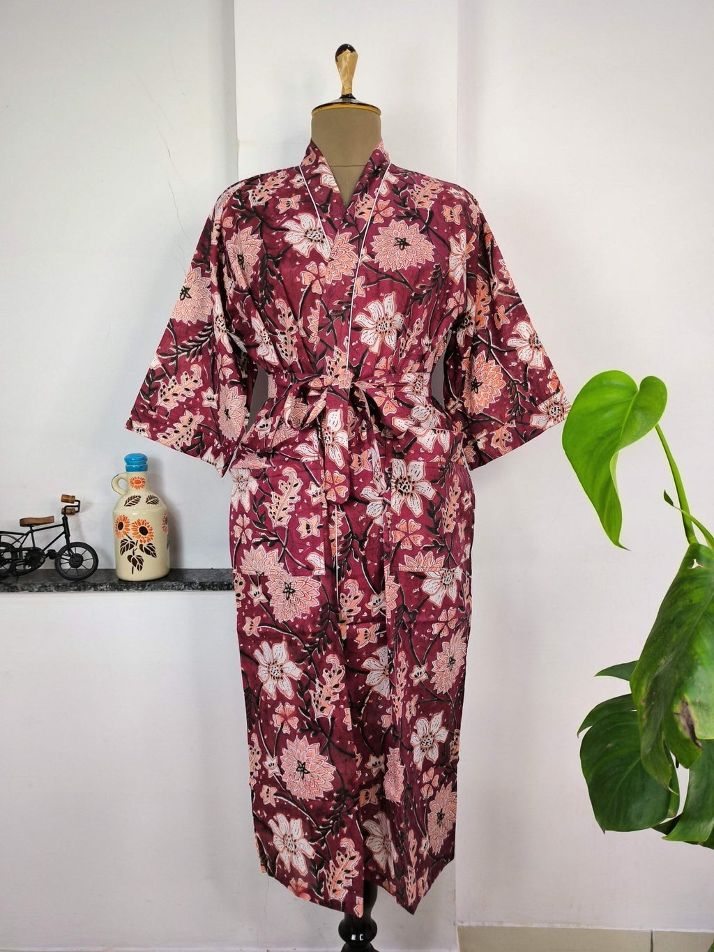 block-printed Cotton Kimono Robe in floral