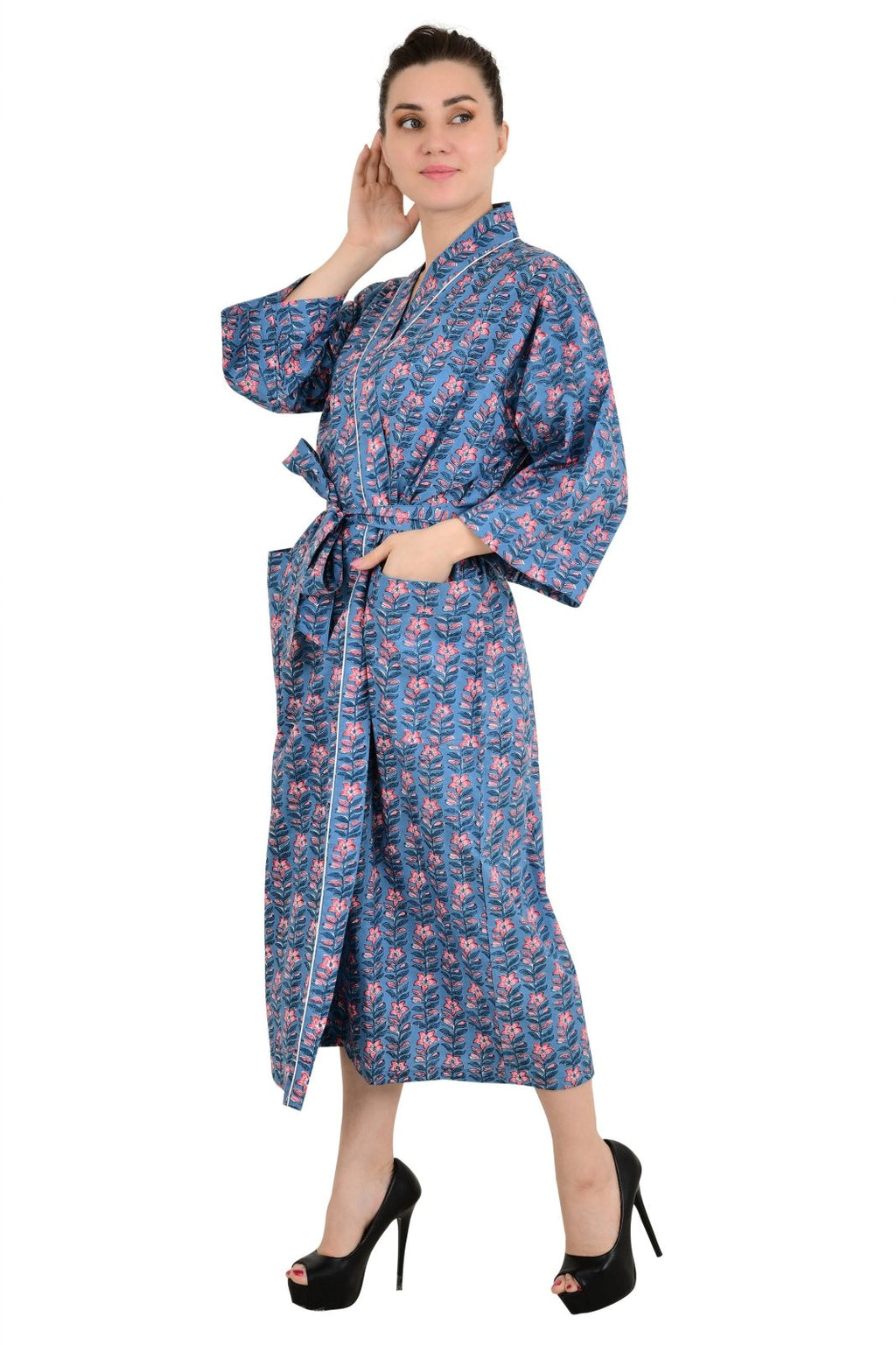 block-printed Cotton Kimono Robe in floral