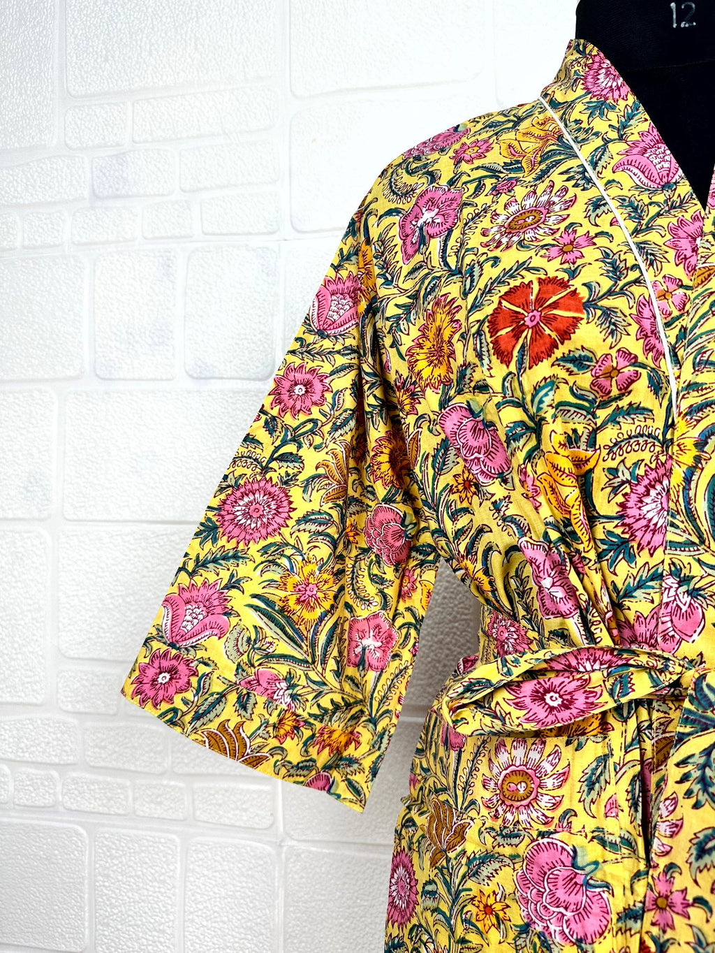 block-printed Cotton Kimono Robe in floral