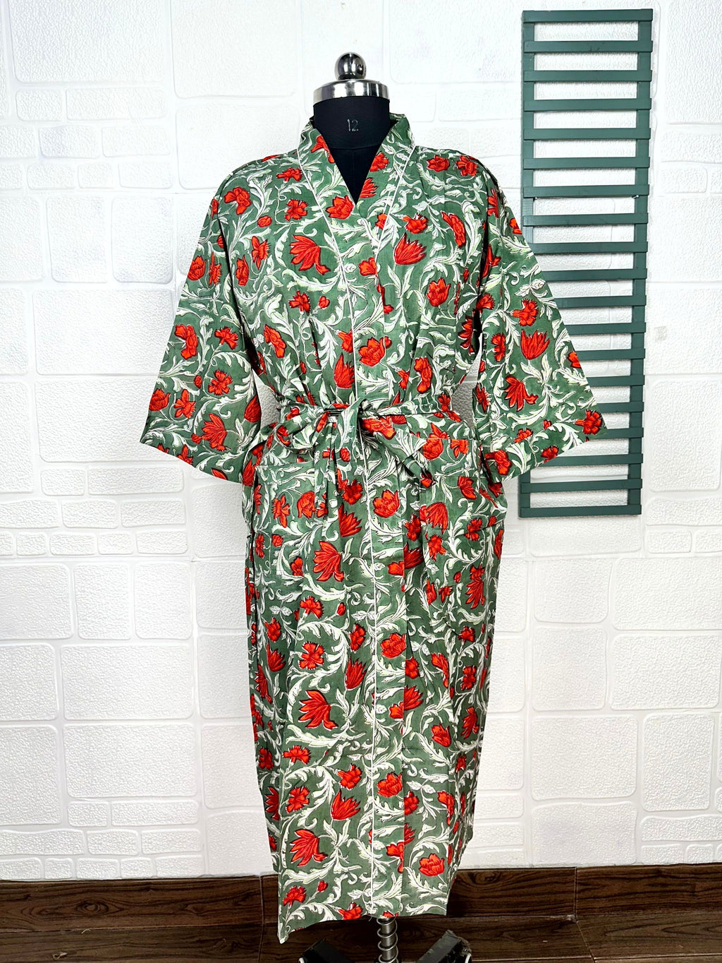 block-printed Cotton Kimono Robe in floral