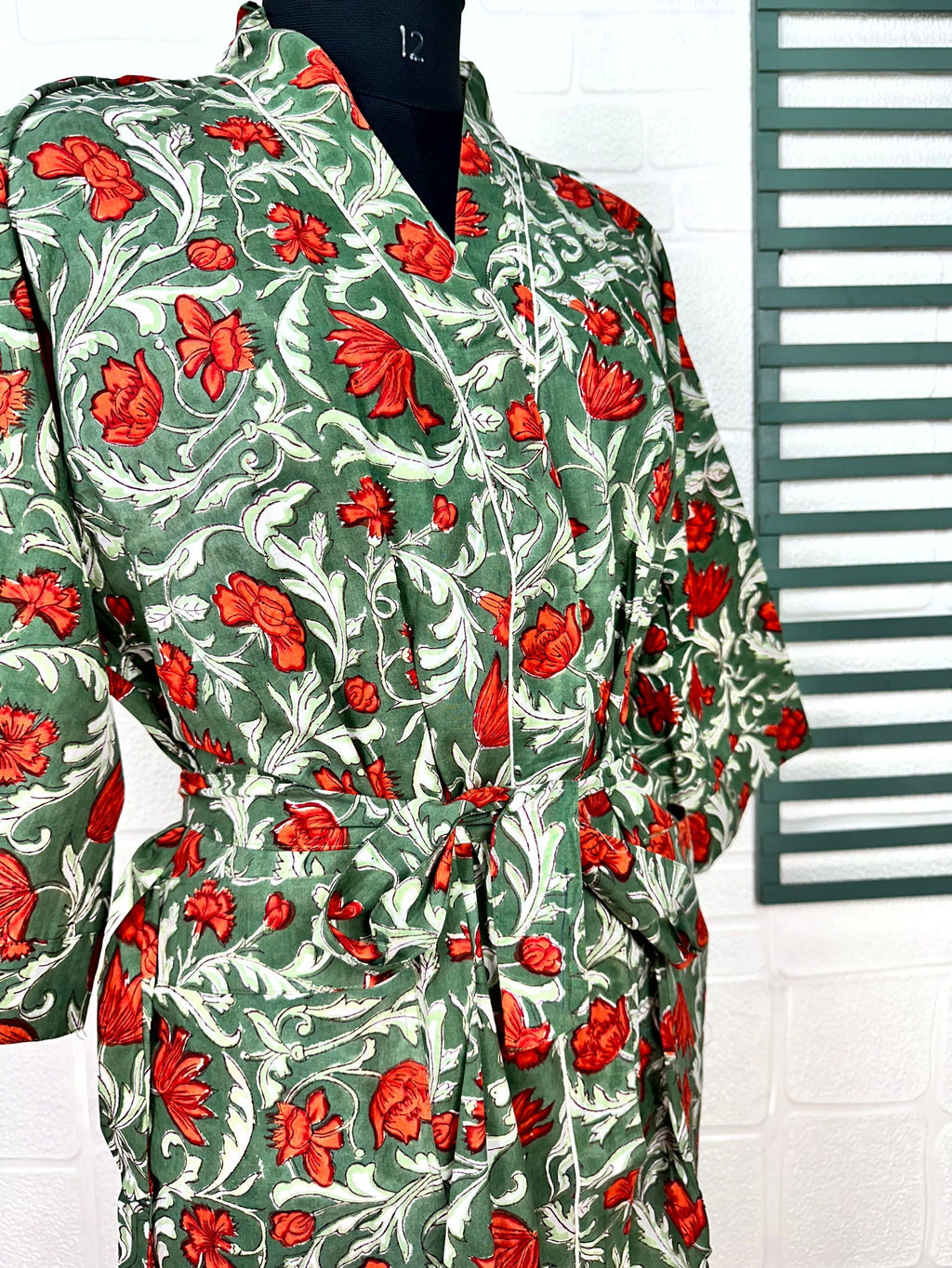 block-printed Cotton Kimono Robe in floral