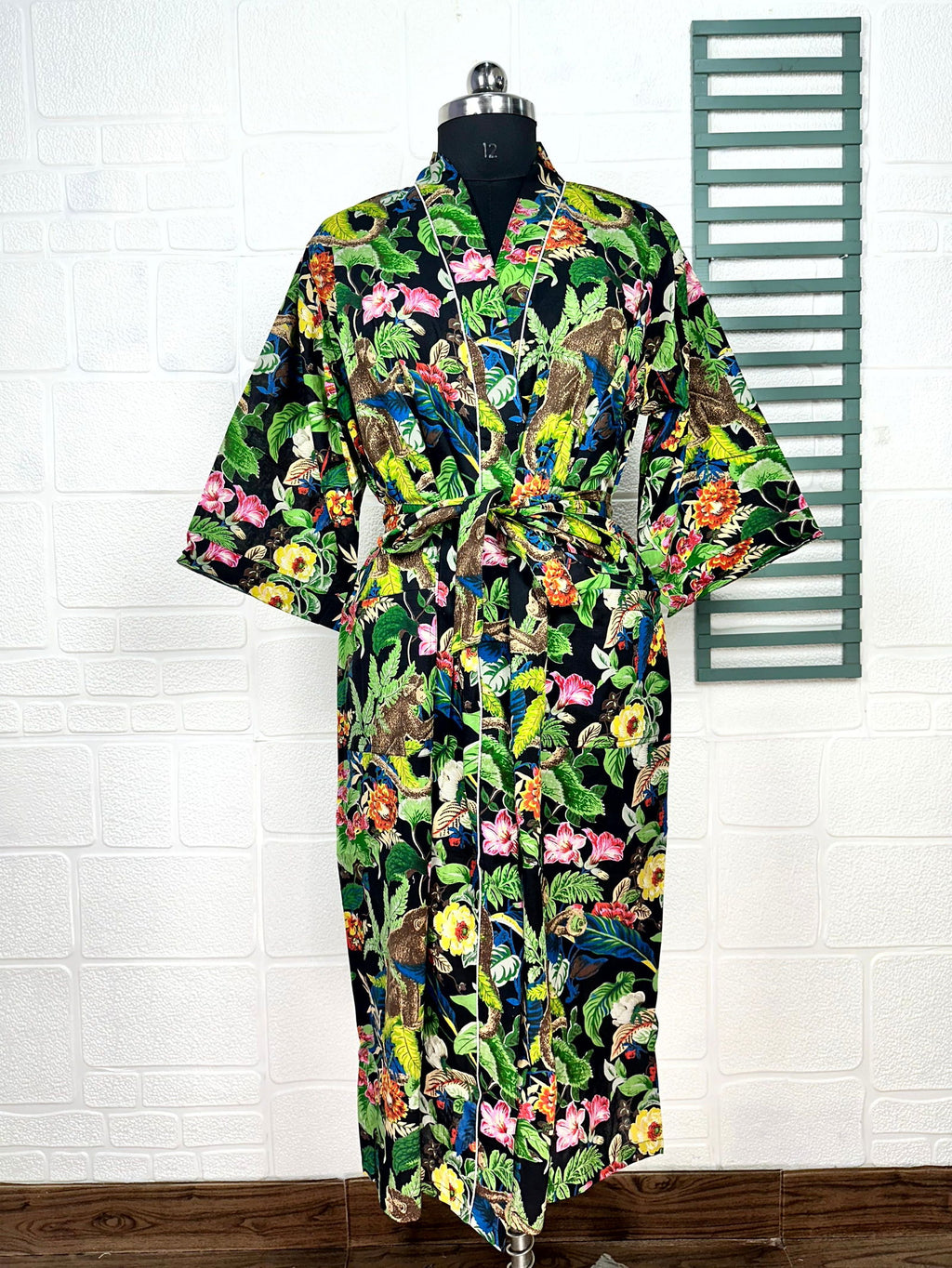 block-printed Cotton Kimono Robe in floral