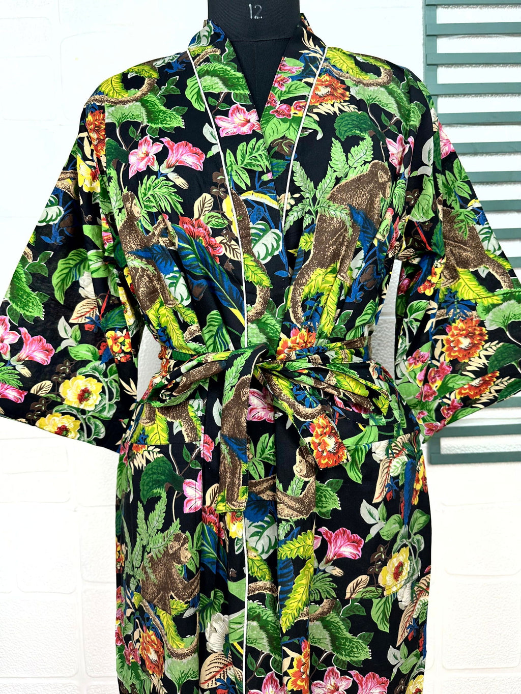 block-printed Cotton Kimono Robe in floral