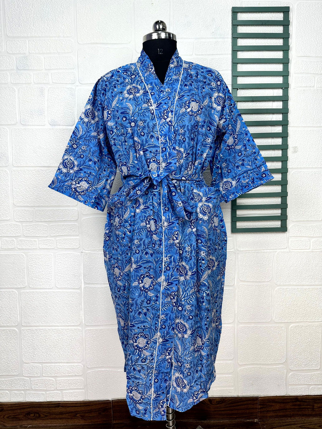 block-printed Cotton Kimono Robe in floral