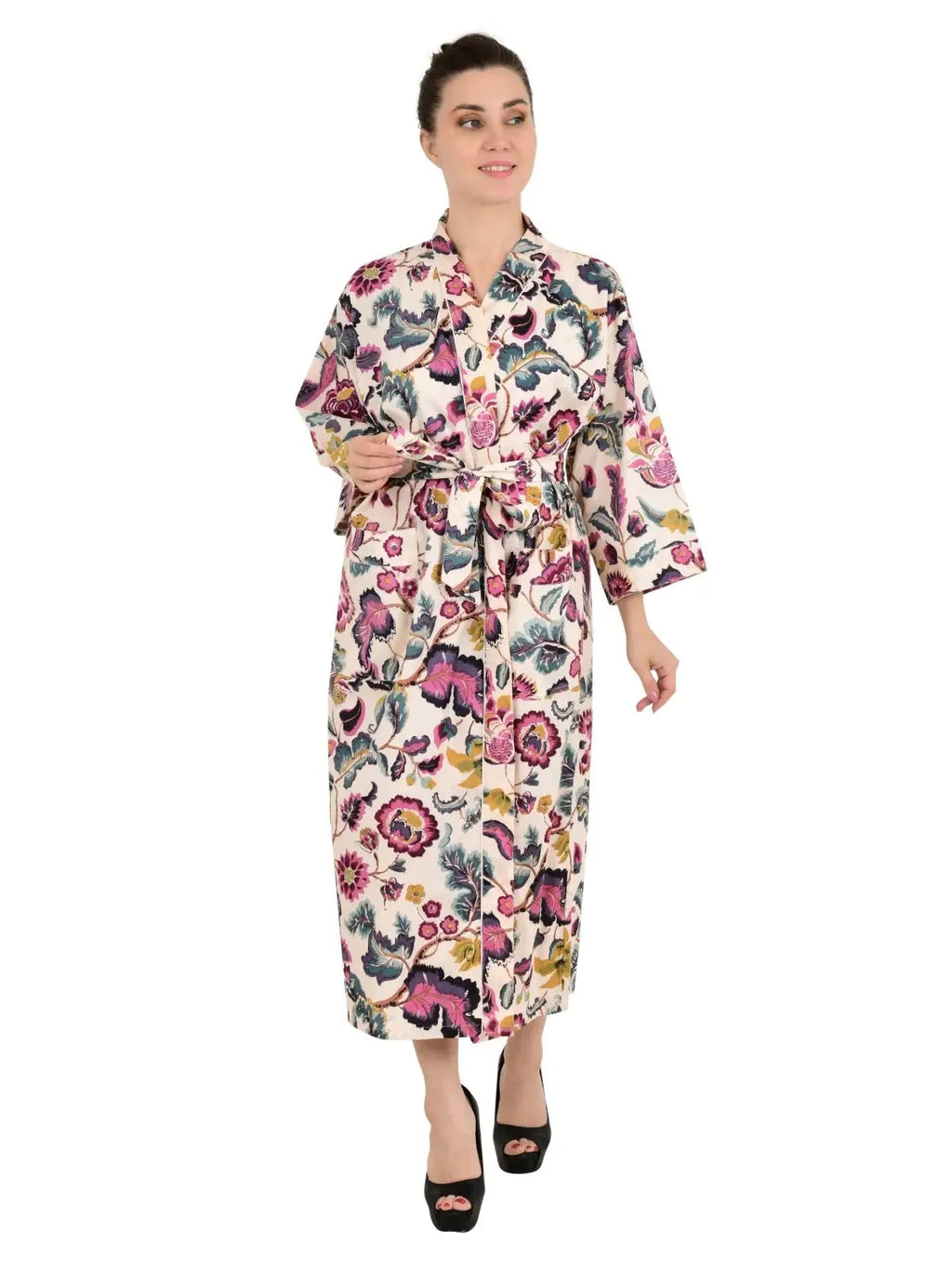 block-printed Cotton Kimono Robe in floral