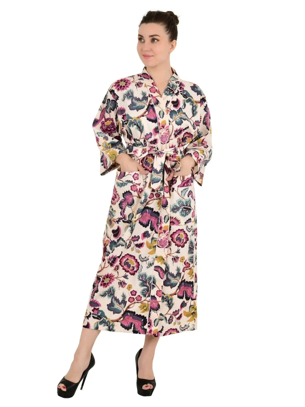 block-printed Cotton Kimono Robe in floral
