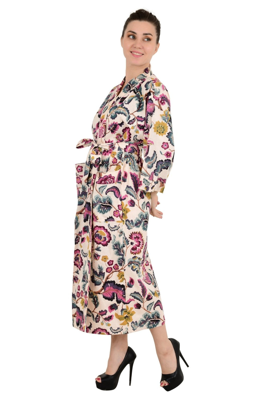block-printed Cotton Kimono Robe in floral